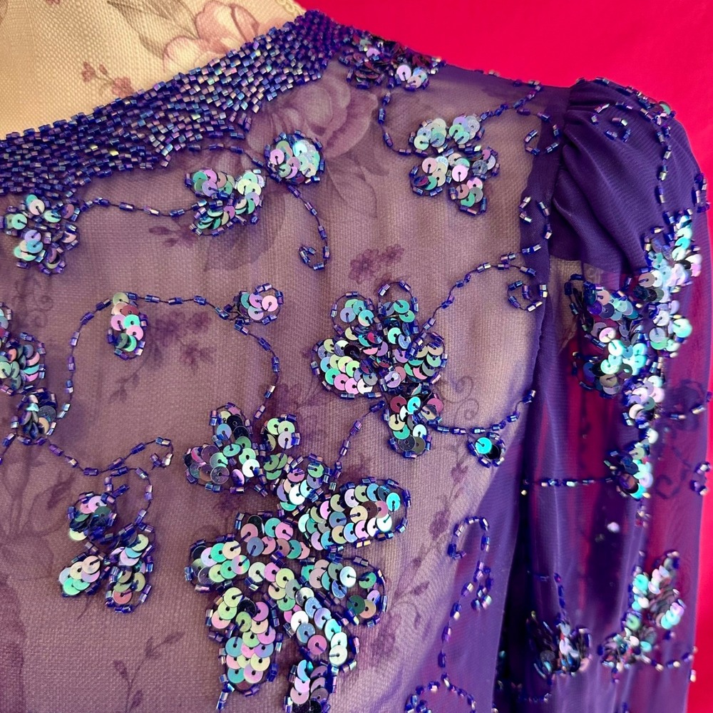 Sequin Beaded Sheer‎ Purple Tunic Top XL Vintage Y2K Lillie Rubin Glam Party